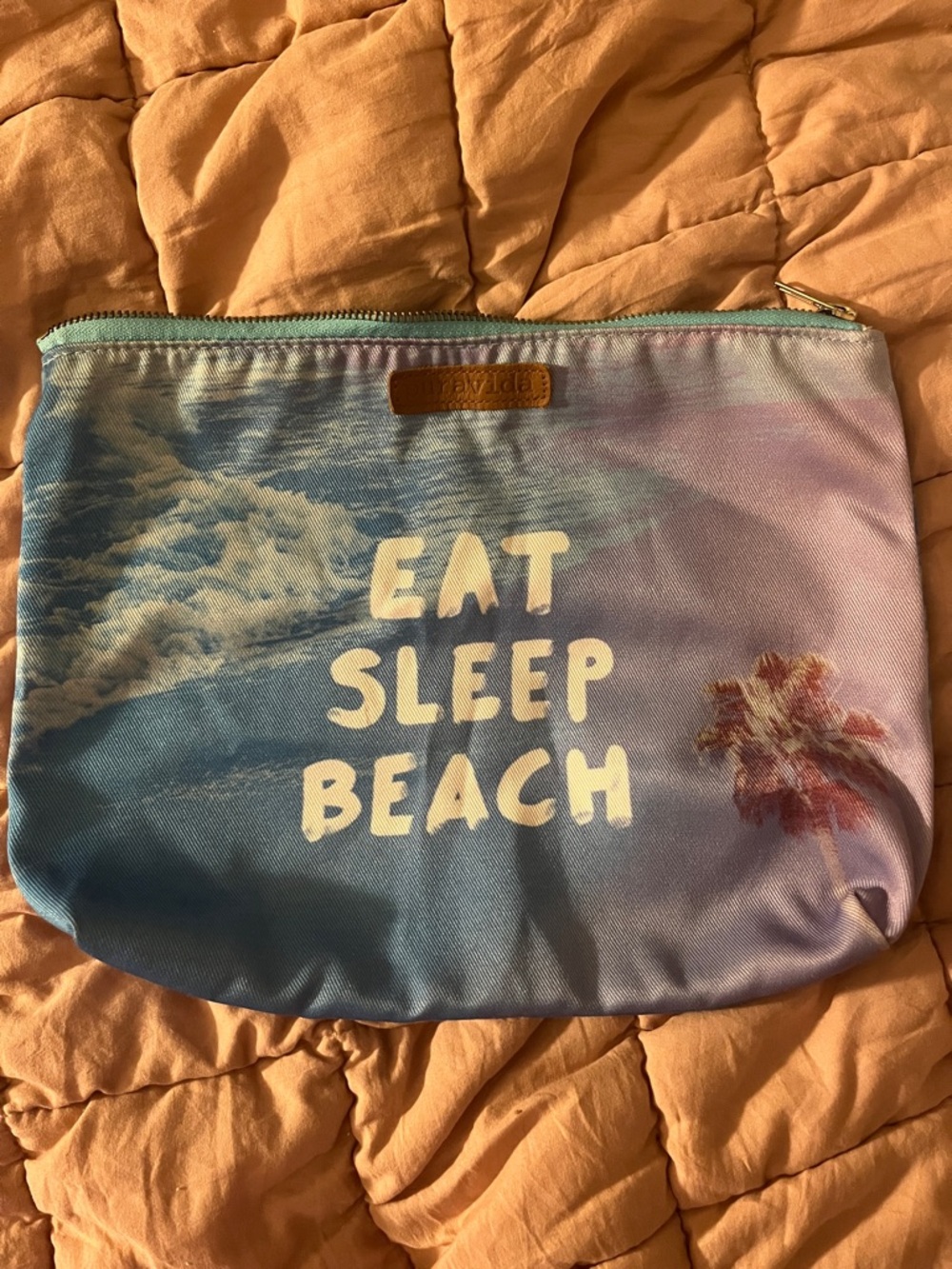 Eat Sleep Beach Printed Zip Accessory Bag Pastel Ocean colors with palm trees